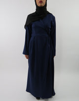 Blue wrap-around maxi jacket with V wrap front, front view