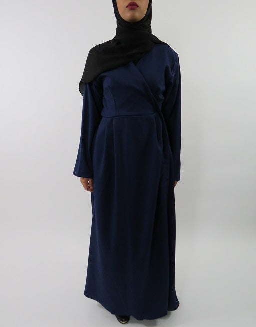 Blue wrap-around maxi jacket with V wrap front, front view