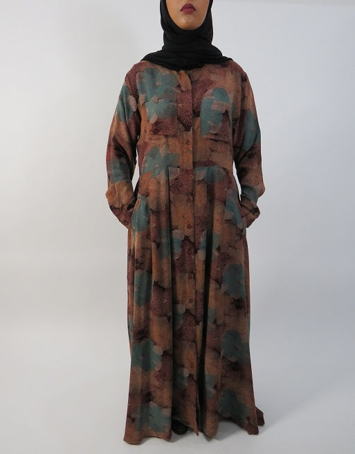 Brown floral open long-sleeve maxi dress, full-length front view