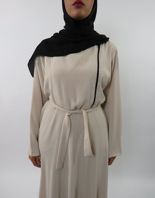Biker-style zip detail on the cream collared maxi dress