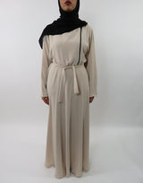 Cream collared long-sleeve maxi dress with biker-style zip, front view