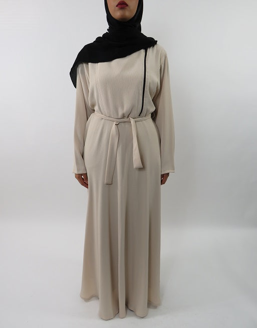 Cream collared long-sleeve maxi dress with biker-style zip, front view