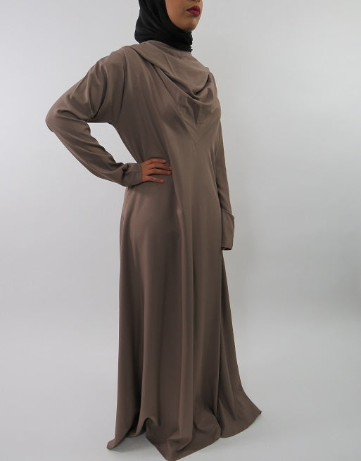 Draped hood and V-neckline detail on the dark beige jersey maxi dress