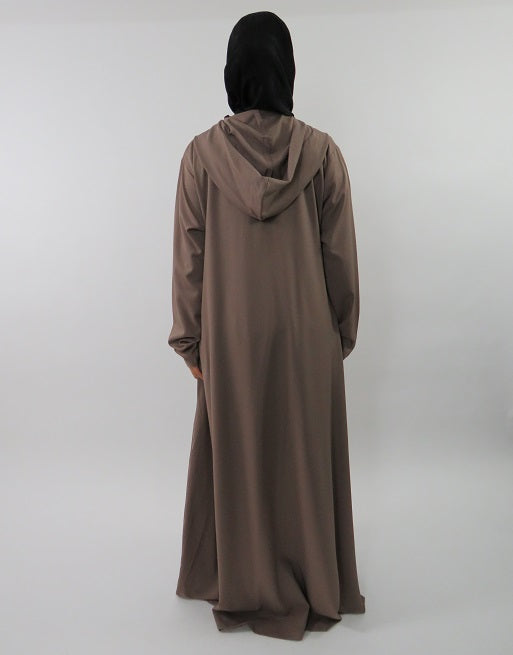 Side view of Amani's dark beige hooded A-line maxi dress