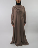 Dark beige hooded A-line jersey maxi dress, front view