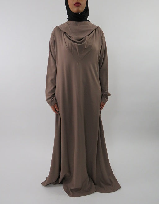 Dark beige hooded A-line jersey maxi dress, front view