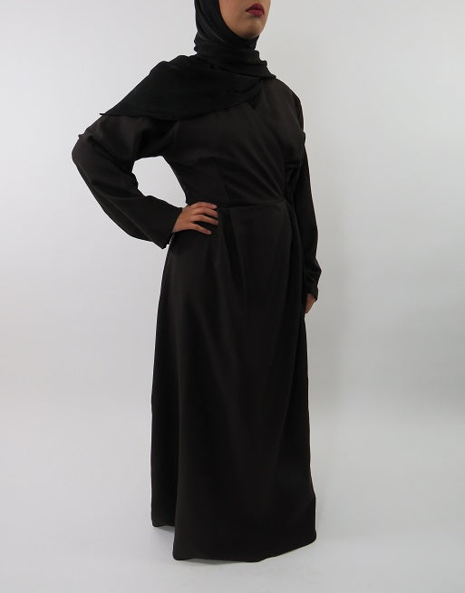 Dark brown scuba-mix wrap maxi jacket, full length