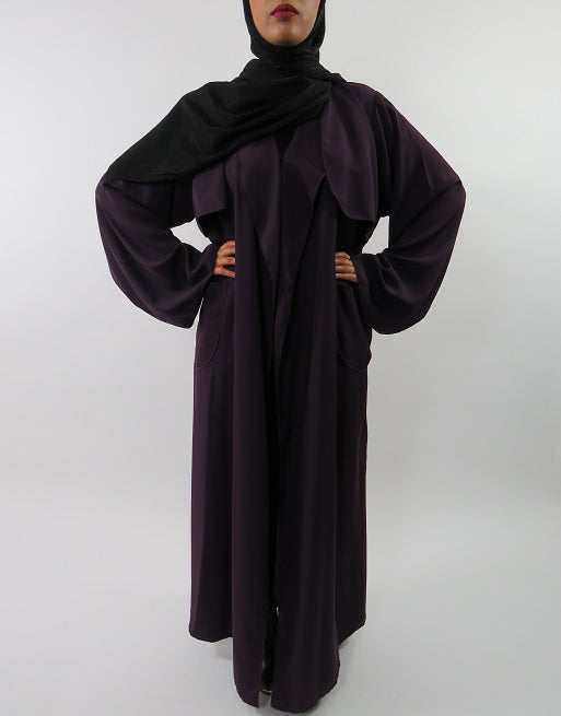 Deep purple open maxi jacket showing drape, side view