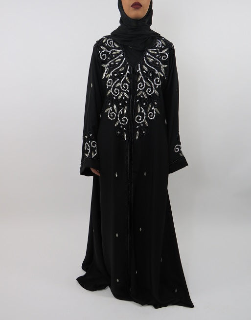 Black designer occasion open abaya with hand-applied embellishment, front view