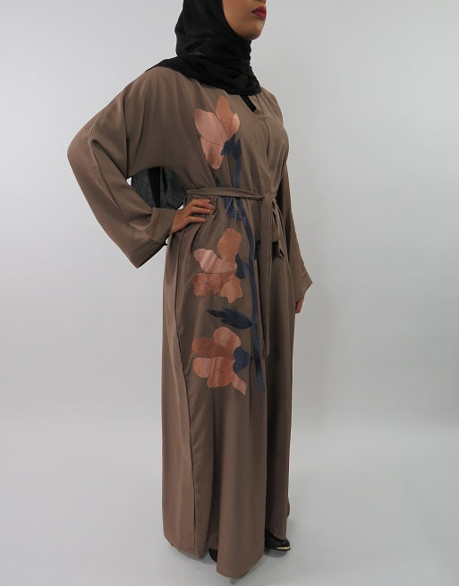 Taupe floral embroidered open abaya, full length