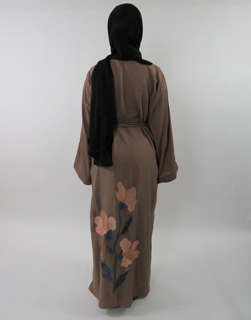 Taupe open abaya showing floral embroidery and wide sleeves