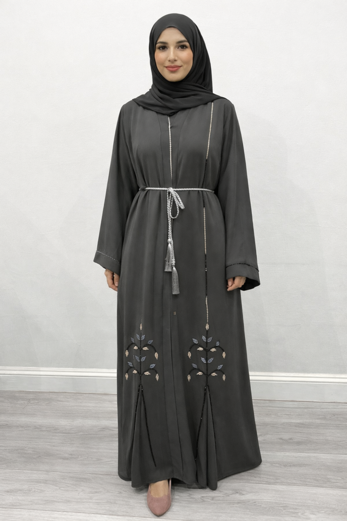 Fossil gray embellished open abaya, front view