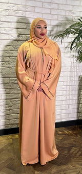 Gold zip-front open abaya jacket, front view