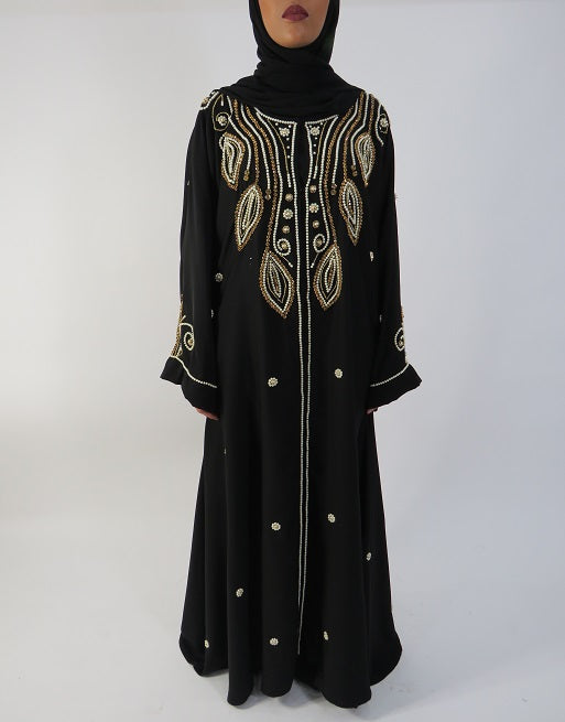 Gold and black beaded occasion open abaya, front view