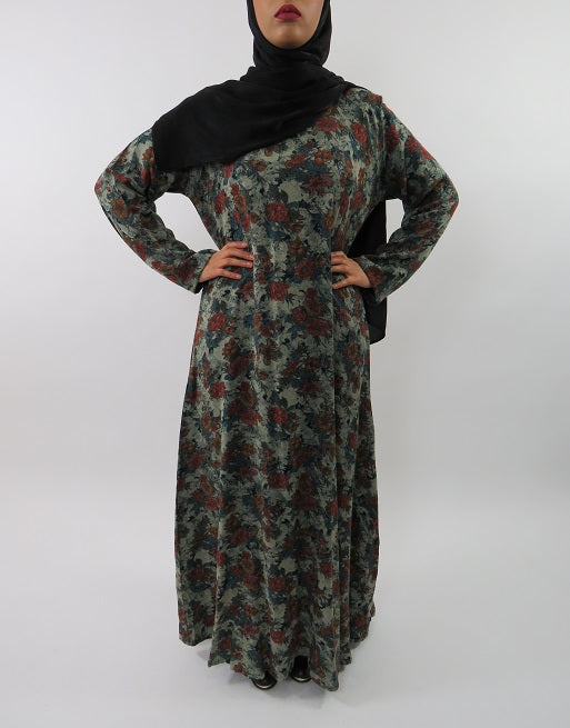 Green floral print detail on the cotton maxi dress