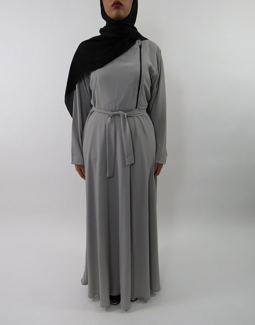 Grey collared long-sleeve maxi dress with biker-style zip, front view