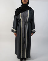 Grey two-tone pearl embellished abaya with round neckline, front view