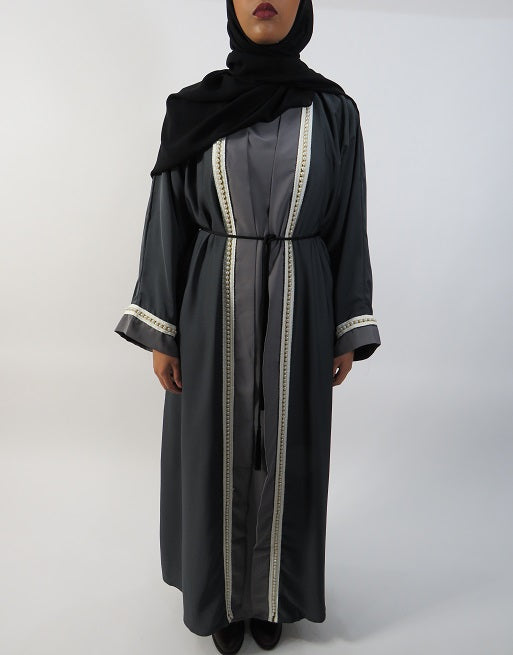 Grey two-tone pearl embellished abaya with round neckline, front view
