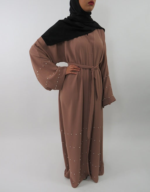 Light brown linen-mix open abaya, full length