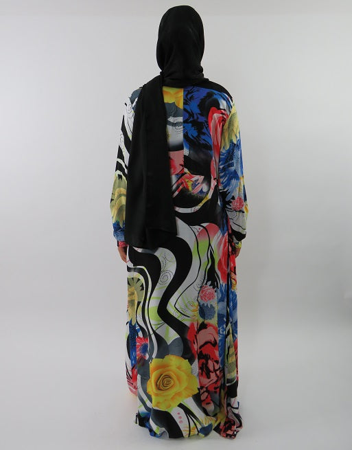 Blue floral rose print modest maxi dress fabric detail