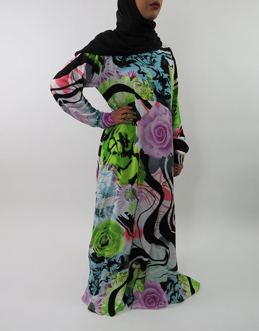 Rose print modest maxi dress fabric and print detail