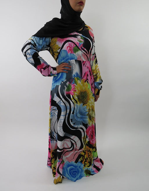 Amani’s A-line Multi Colour Rose Print Long Sleeve Maxi Dress