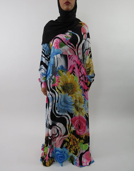 Amani’s A-line Multi Colour Rose Print Long Sleeve Maxi Dress