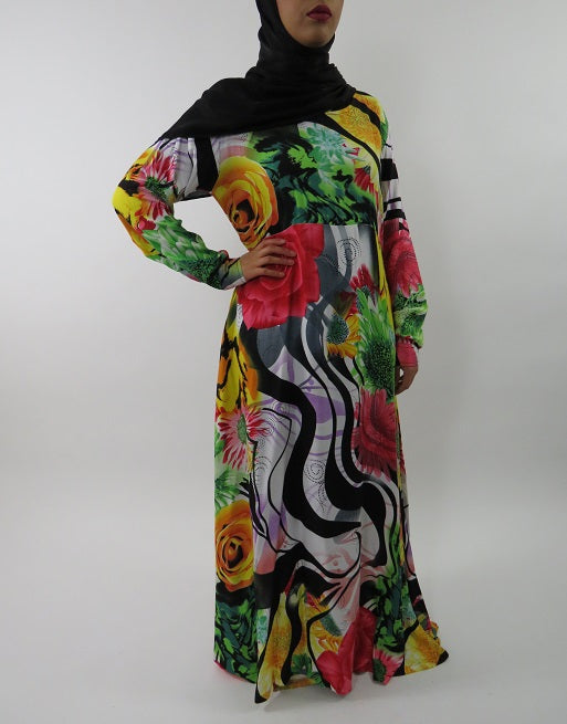 Side view of Amani's multi-colour rose print maxi dress