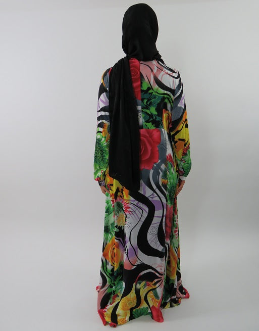 Full-length view of the multi-colour rose print A-line maxi dress