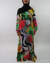 Multi-colour rose print A-line maxi dress, front view