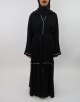 Abreen black belted abaya with wide sleeves, front view