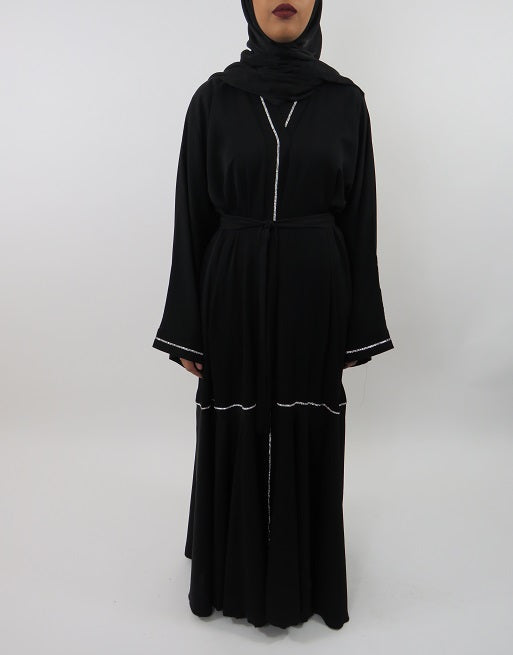 Abreen black belted abaya with wide sleeves, front view