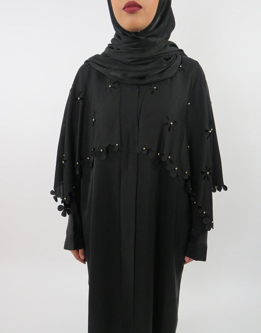 Neutral open abaya showing bead detailing