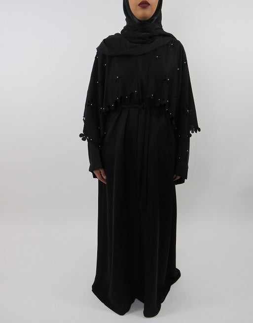 Beaded neutral open abaya, front view