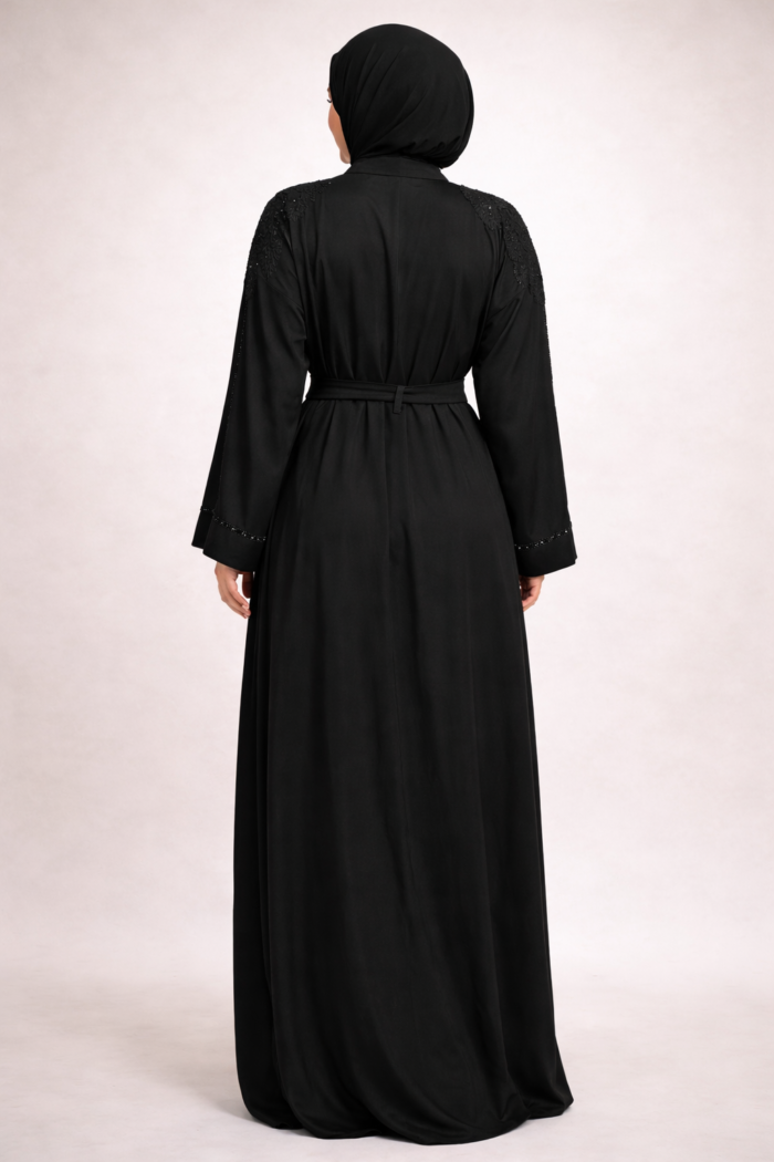 Black open abaya jacket showing the flowy drape