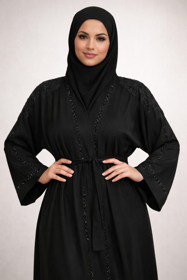 Black open abaya jacket with shoulder embellishment, front view