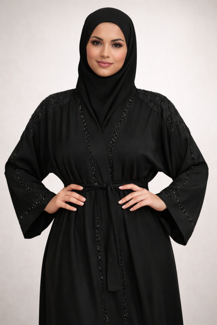 Black open abaya jacket with shoulder embellishment, front view