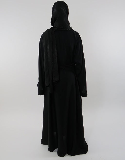 Black open abaya showing adjustable belt