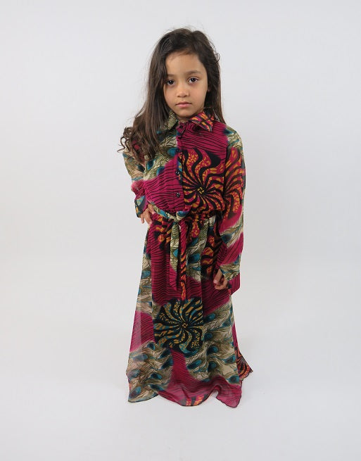 Purple kids maxi dress showing shirt collar and button detail