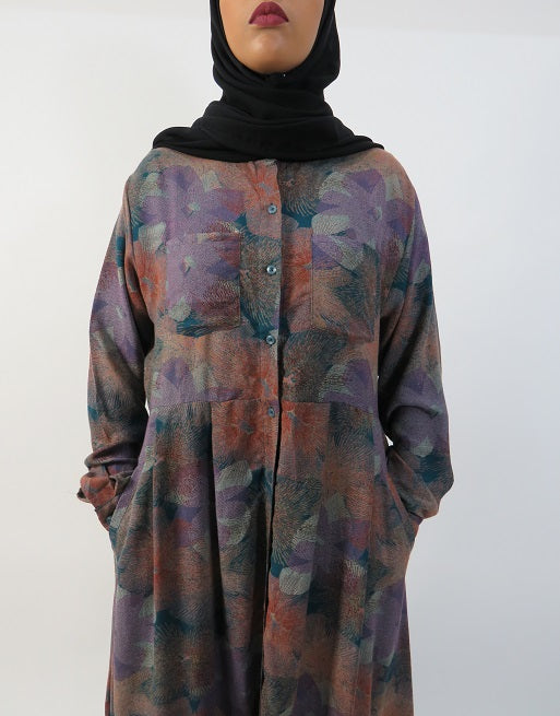 Purple open maxi dress button placket and side pocket detail