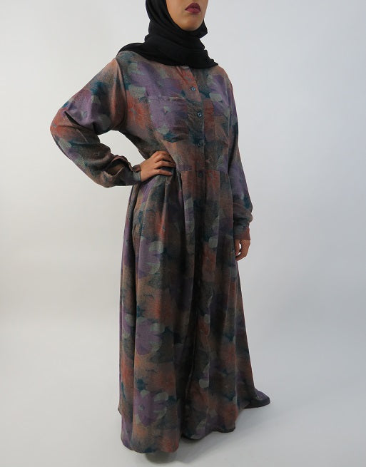 Purple shirt-style open maxi dress worn closed
