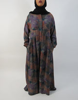 Amani's purple long sleeve open maxi dress with button front front view