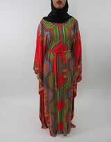Red printed cotton batwing kaftan maxi dress, front view