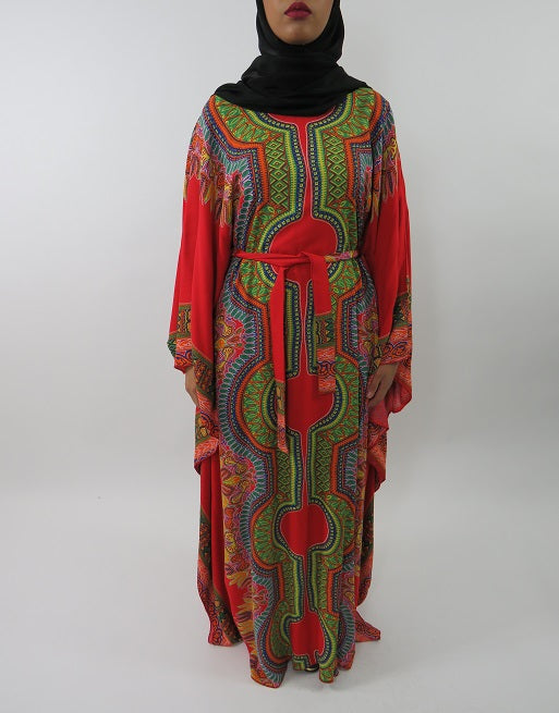 Red printed cotton batwing kaftan maxi dress, front view
