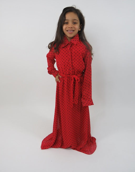 Red polka-dot kids dress showing shirt collar and button detail
