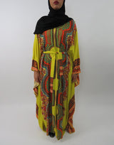 Yellow printed cotton batwing kaftan maxi dress, front view