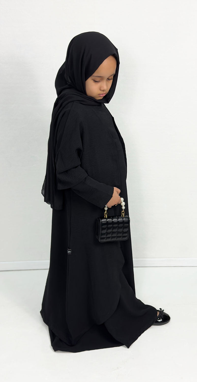 Girls' black three piece open abaya set, front view