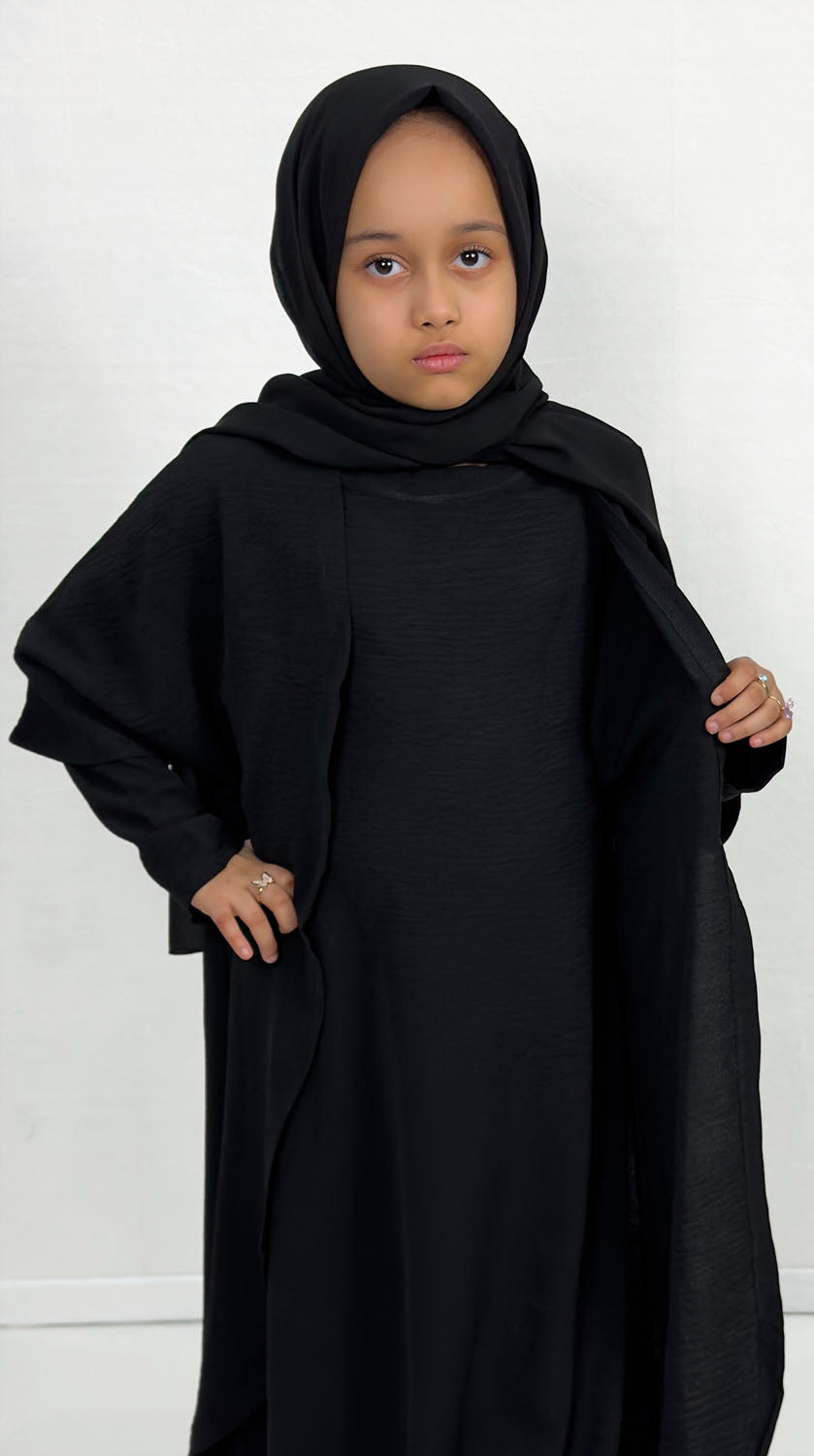 Girls' black three piece abaya set with quarter sleeve overcoat