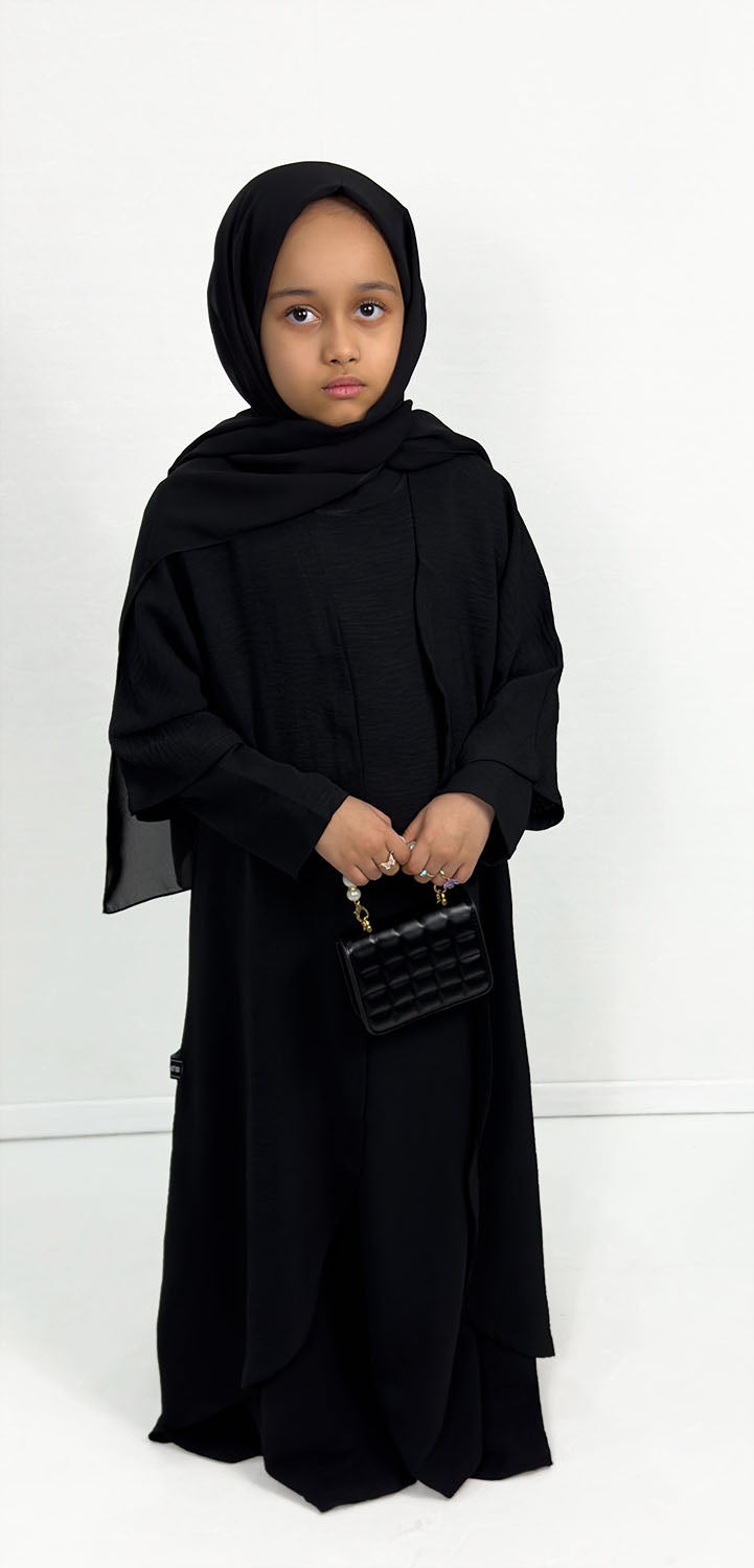 Girls' black three piece abaya set with matching scarf