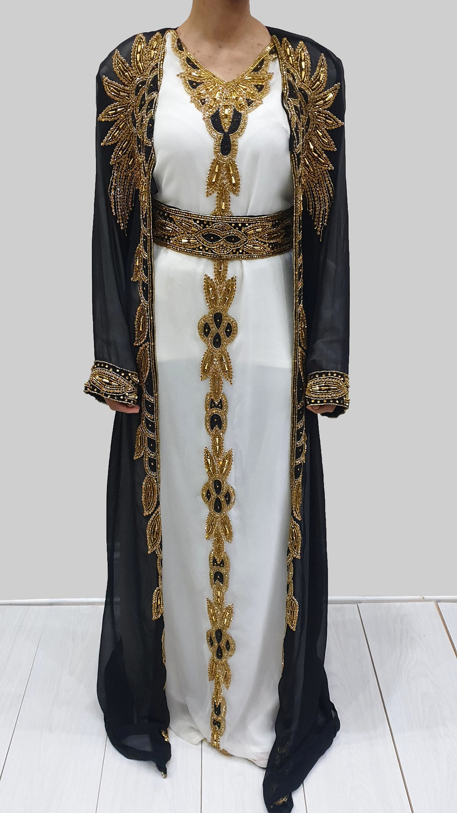 Beaded Moroccan kaftan with detachable belt detail